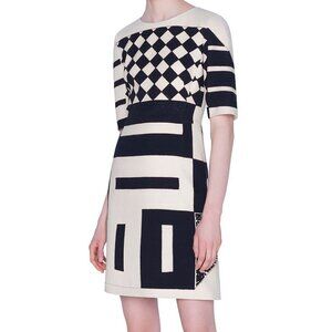 Akris Kaleidoscope Print Wool Sheath Dress Black Ivory White Geometric Shapes 6